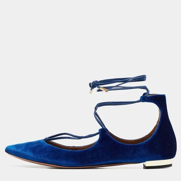 Aquazzura CobaltBlue Velvet Christy Ankle Tie Ballet Flats Size 10 US - Picture 2 of 7